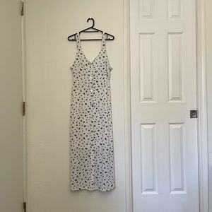 white and navy floral midi dress